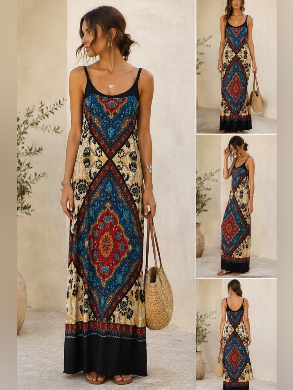 Point Zero Bohemian Maxi Dress with Red & Blue Medallion Print